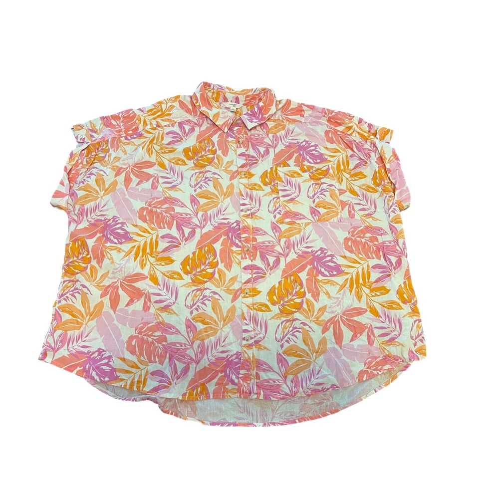 Terra & Sky Womens 3X Tropical Leaf Button Down Shirt Pink Orange Short Sleeve